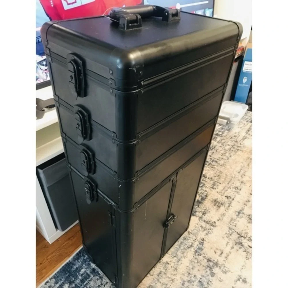 Rolling Makeup Train Case Aluminum Cosmetic Trolley Organizer Box Black
